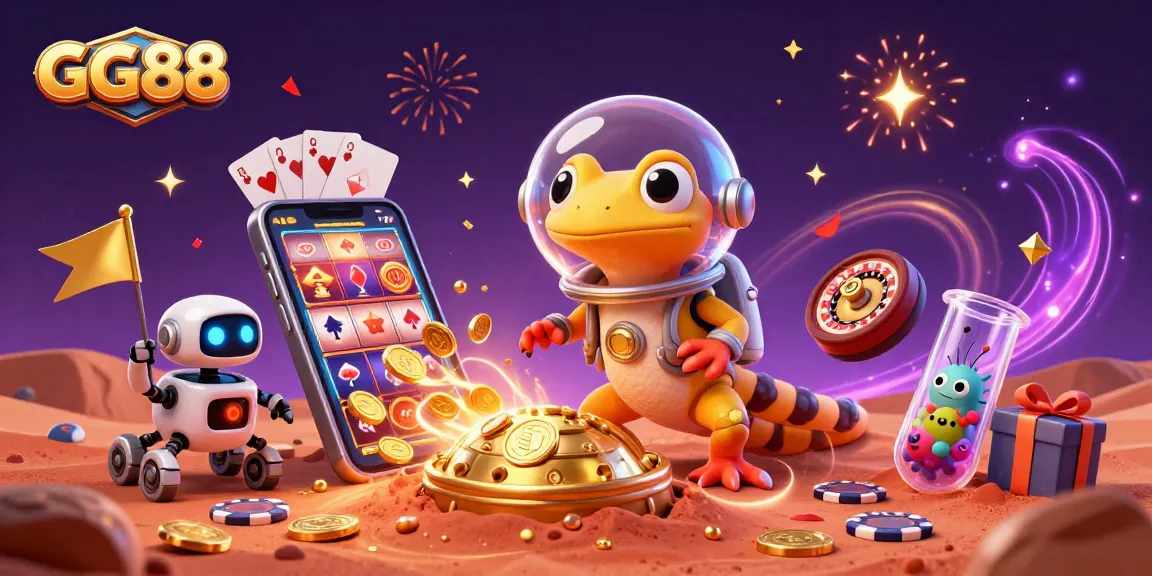 GG88 Martian gecko discovers a golden casino amidst colorful slot games and festive elements.