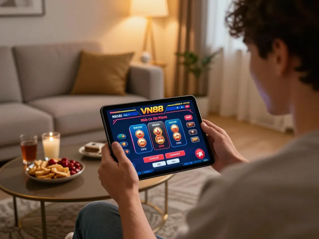 Engaging in online gaming at Nhà cái VN88, showcasing tablet gameplay and cozy atmosphere.