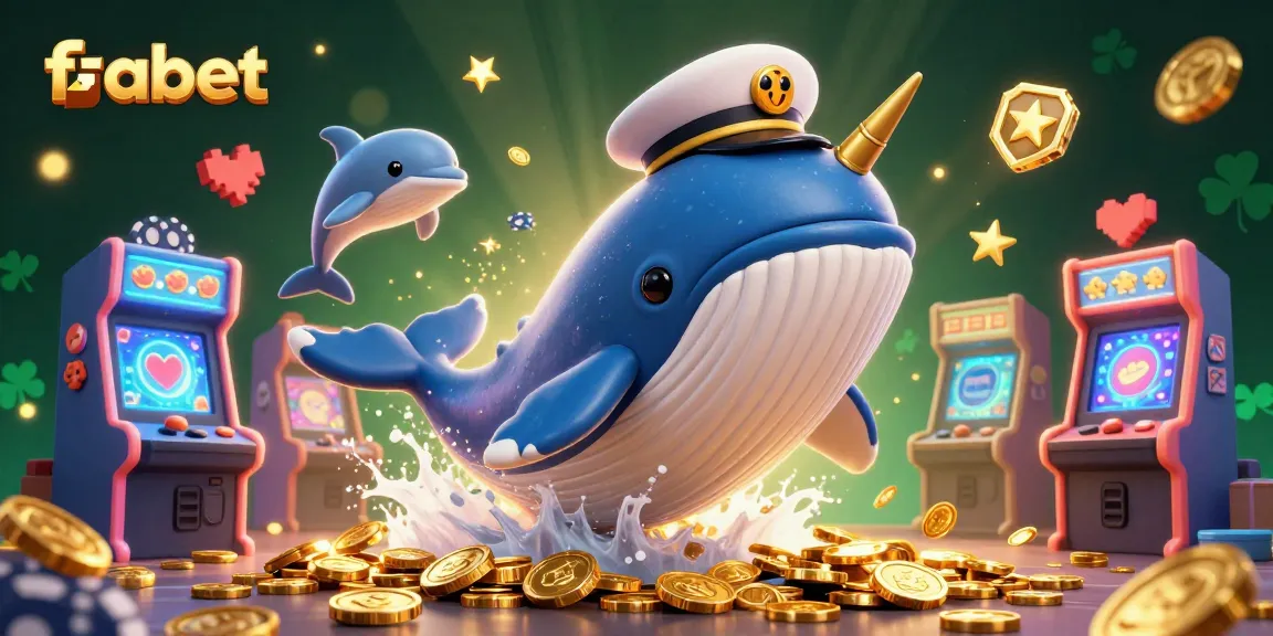 Experience the thrill with fabet as a cartoon whale breaches a sea of coins amid lively casino elements.