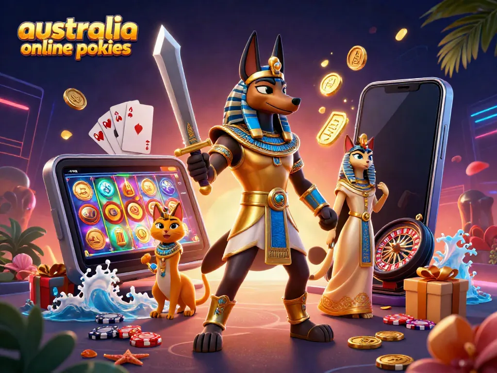Experience the thrill of australia online pokies with Anubis and Bastet surrounded by vibrant gaming elements.