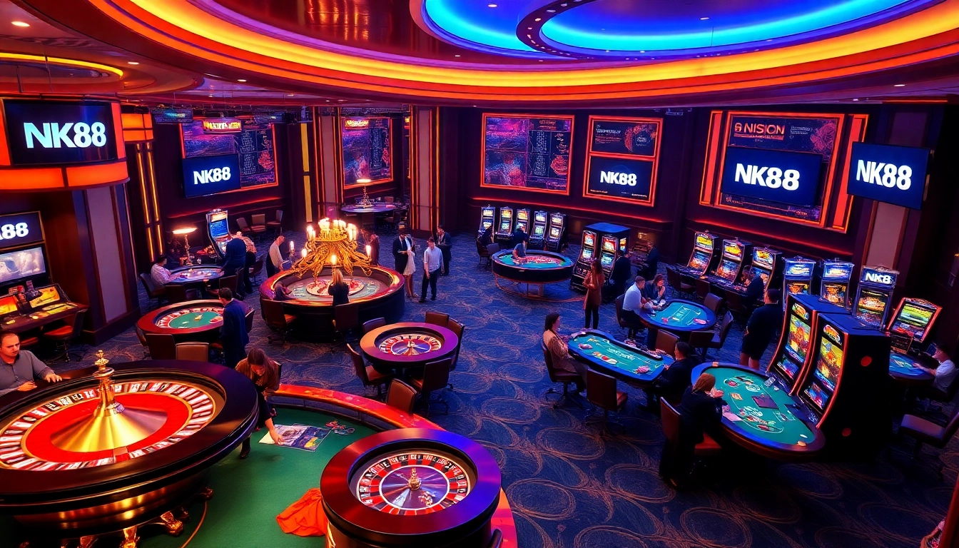 NK88 casino scene showcasing vibrant gaming activities with roulette wheels and poker tables.