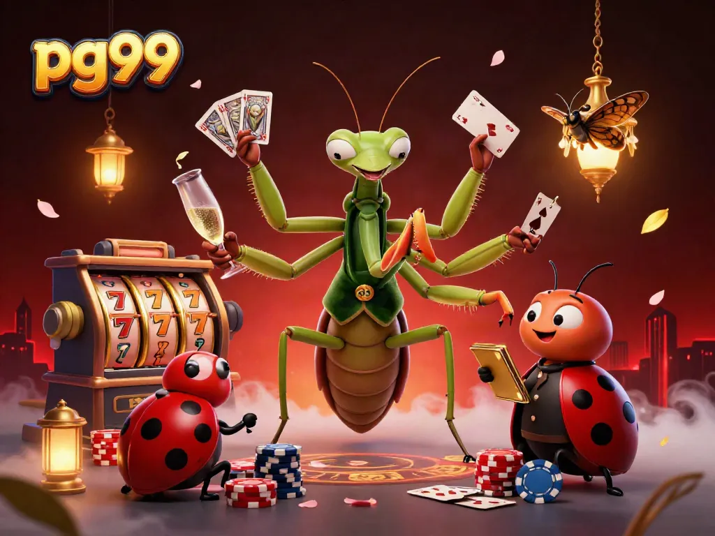 Experience excitement with pg99 as a giant mantis deals cards and chips in a vibrant casino scene.