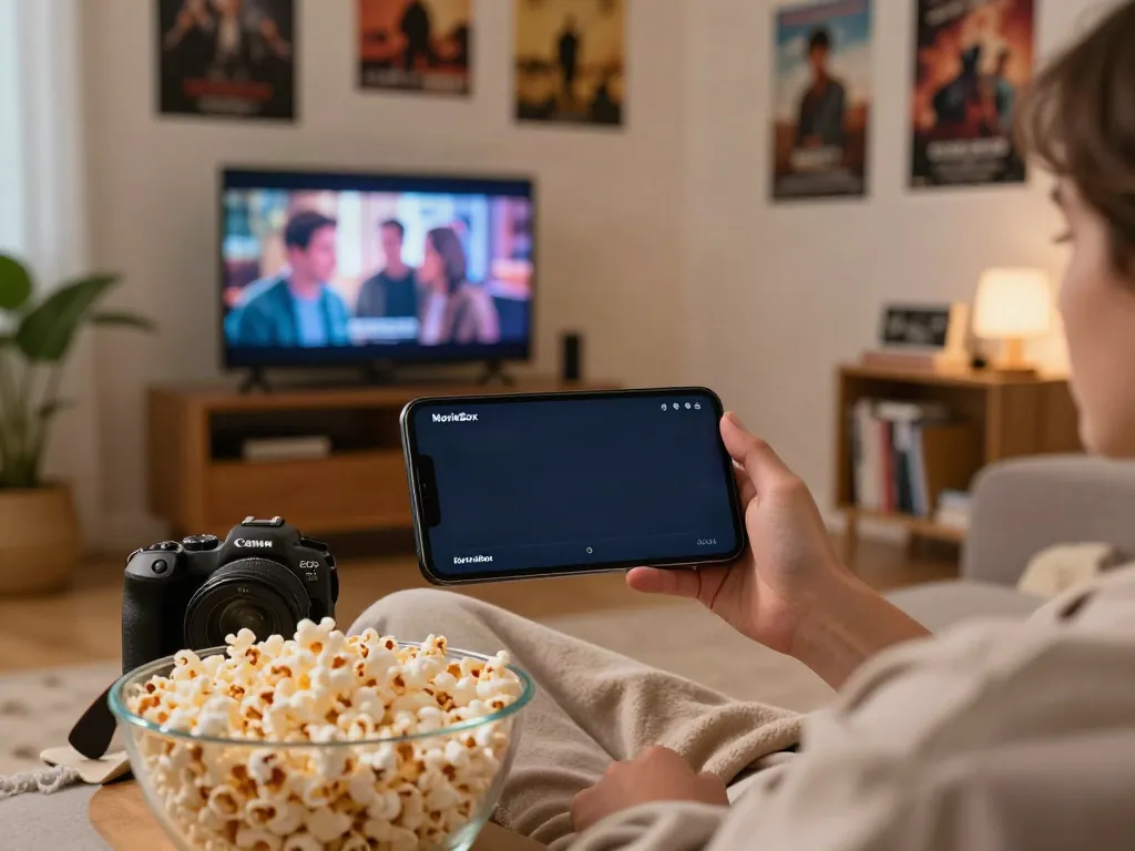 Experience MovieBox Old Version on a cozy living room sofa with popcorn, highlighting user-friendly design.