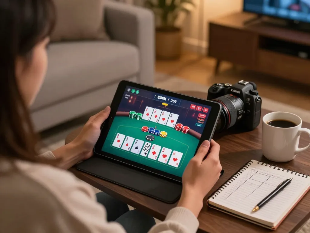 Engaging in online gaming at nhà cái llwin with strategic poker gameplay on a tablet in a cozy atmosphere.