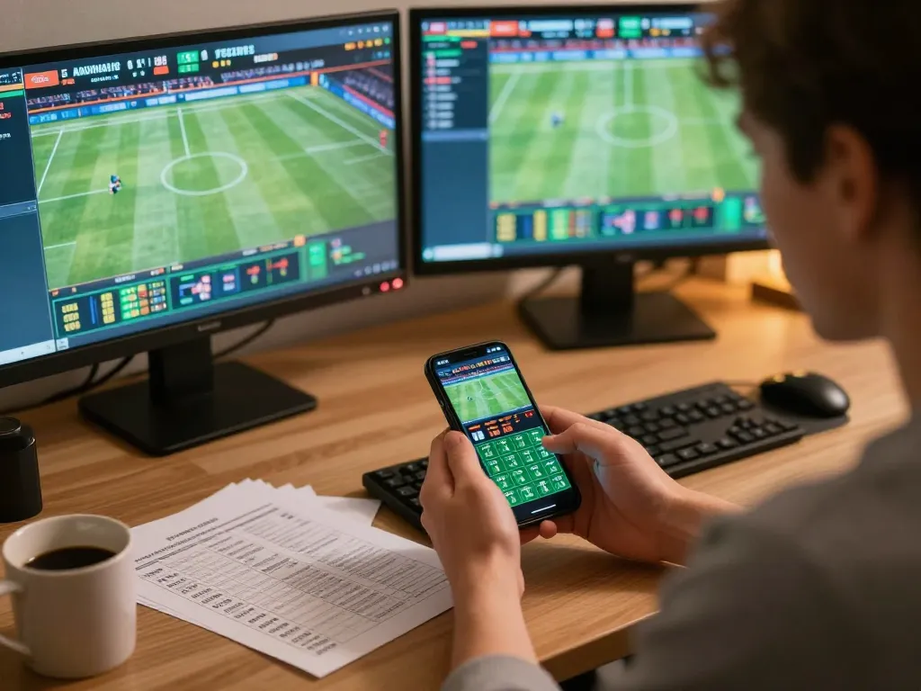 F168 player placing a live sports bet on smartphone amidst a dynamic betting atmosphere