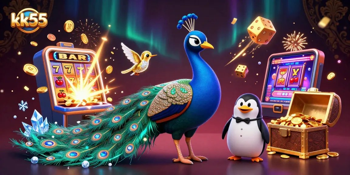Play exciting games at KK55 with vibrant 3D casino elements like slots and colorful coins.