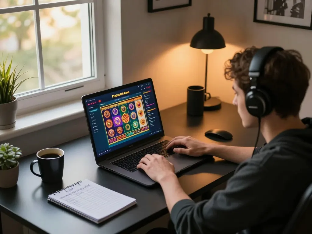 Engaging in a Pragmatic Demo slot game on a laptop in a cozy home gaming setup