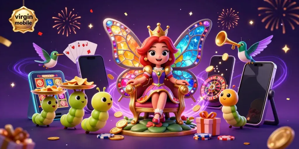 Engage with the vibrant slot gaming universe at virgin-mobile featuring a cartoon butterfly queen and festive game elements.