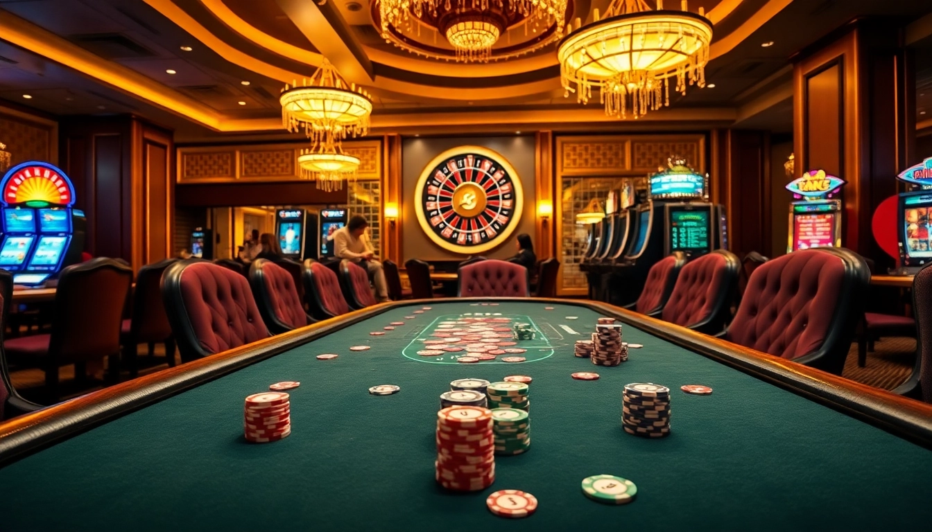 High-stakes poker action at 99OK casino with colorful chips and roulette backdrop.