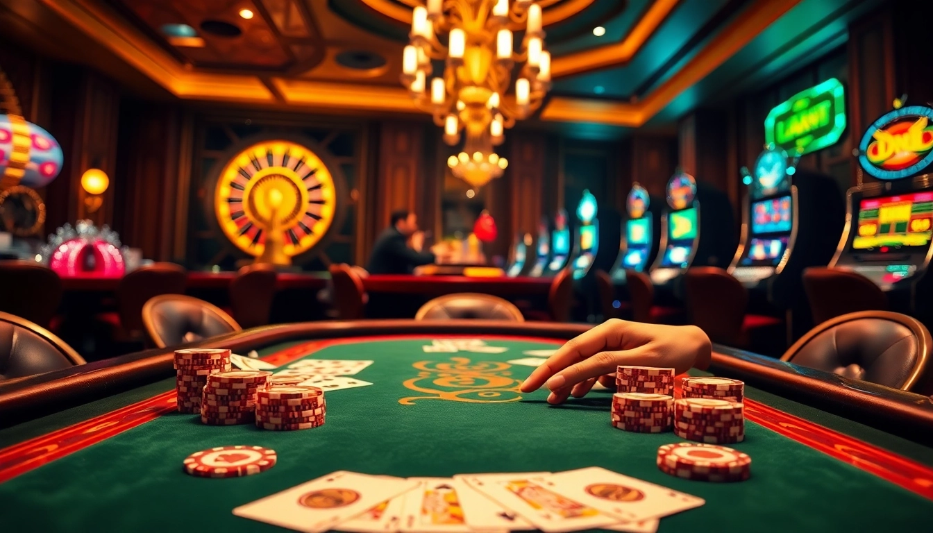 Experience high-stakes excitement at the Luck8 lavish poker table, surrounded by thrilling casino elements.