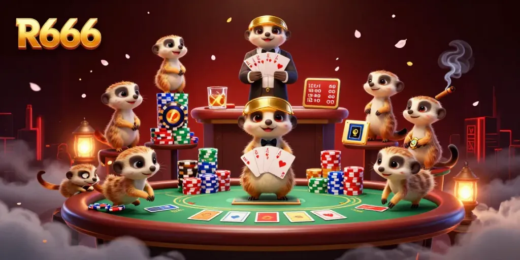 Watch meerkats managing a colorful casino operation in the R666-themed scene, filled with poker elements and vibrant visuals.