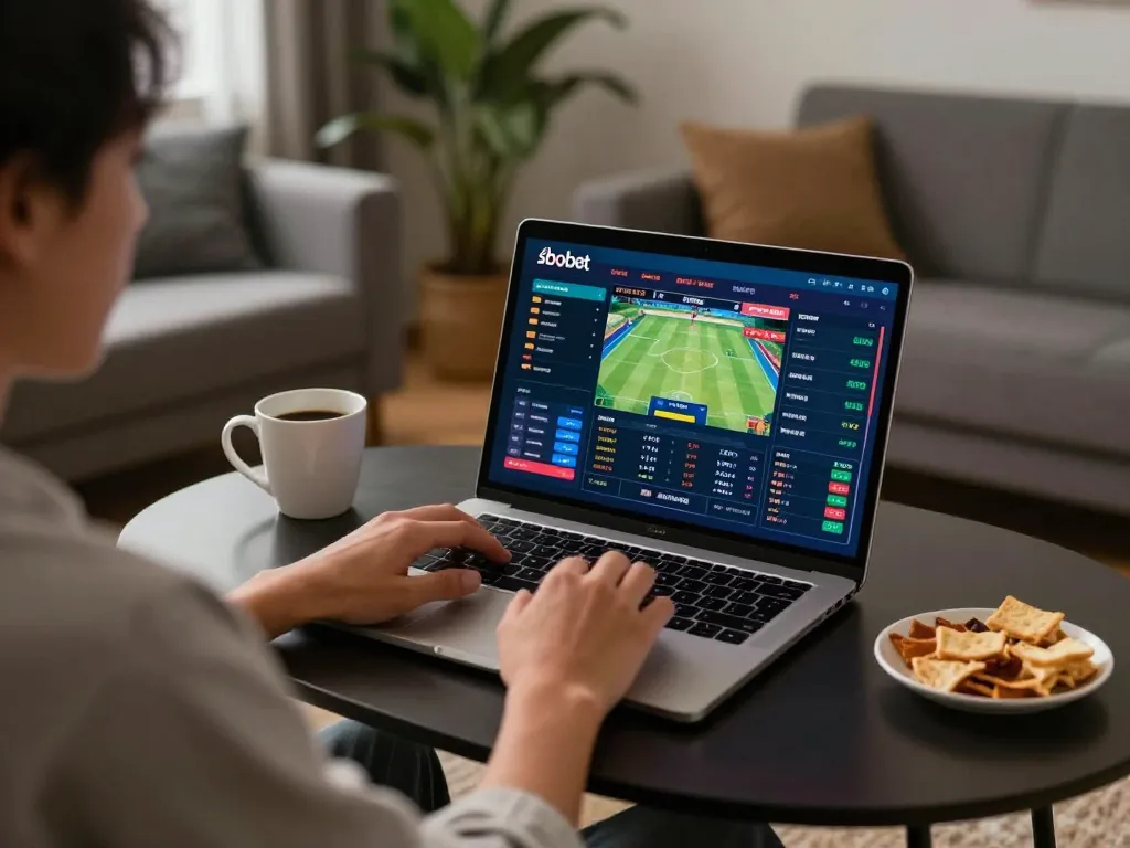 Person placing bets on sbobet sports matches during an online gaming session at home.