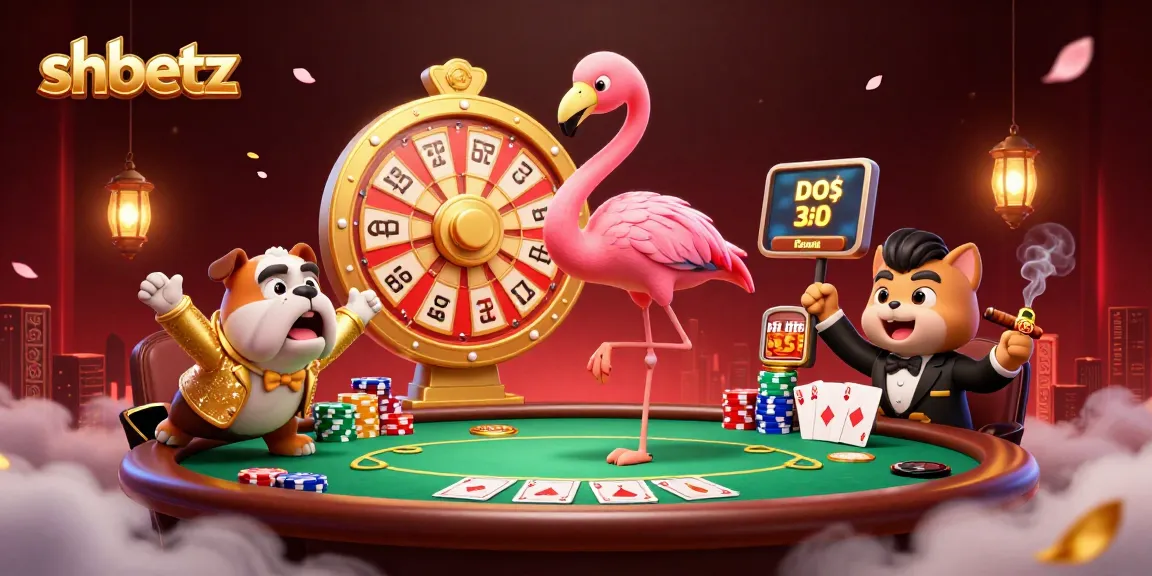 Engage with shbetz at a vibrant casino scene, featuring a flamingo host spinning a prize wheel and excited players.
