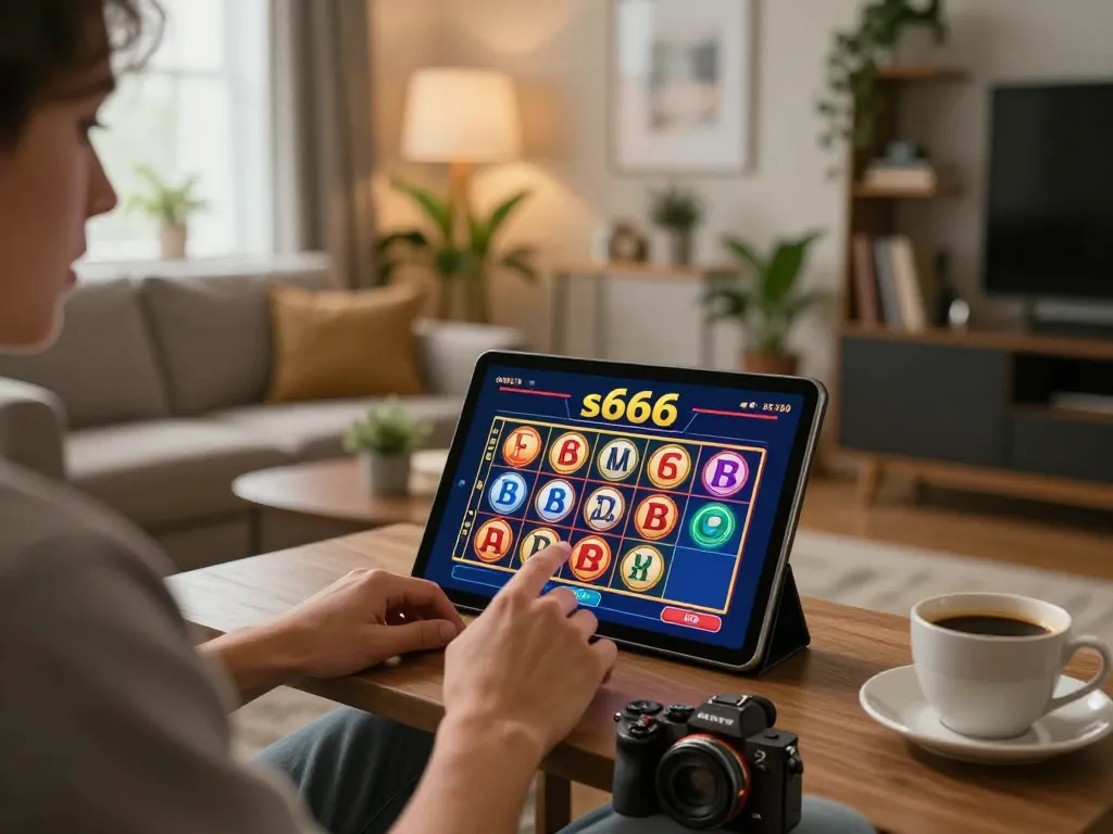 Player using s666 tablet in cozy living room while engaging in online casino gaming action