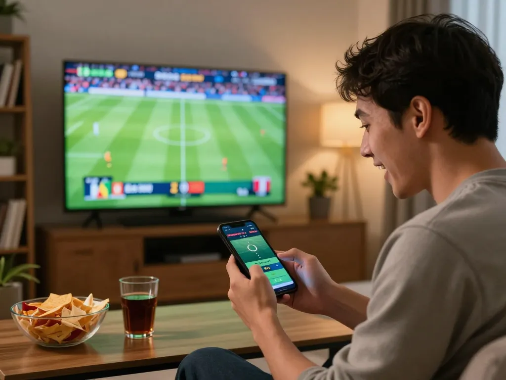 Bóng đá Bet168 sports betting excitement with a user placing wagers on a mobile phone in a cozy living room setting.
