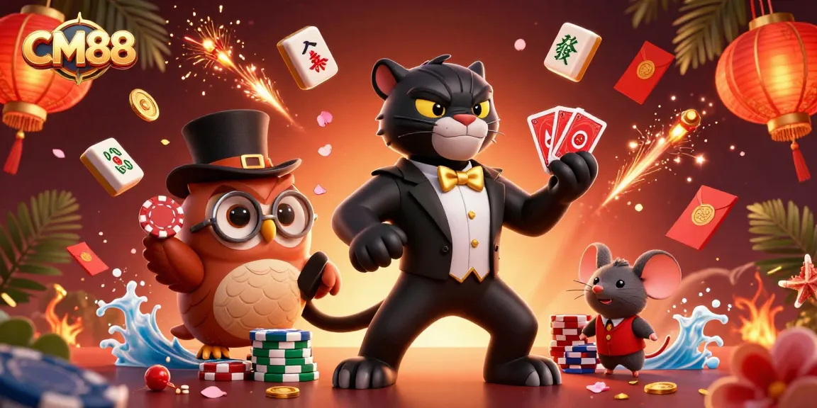 Engage with CM88 by playing card games with stylish characters in vibrant casino scene.