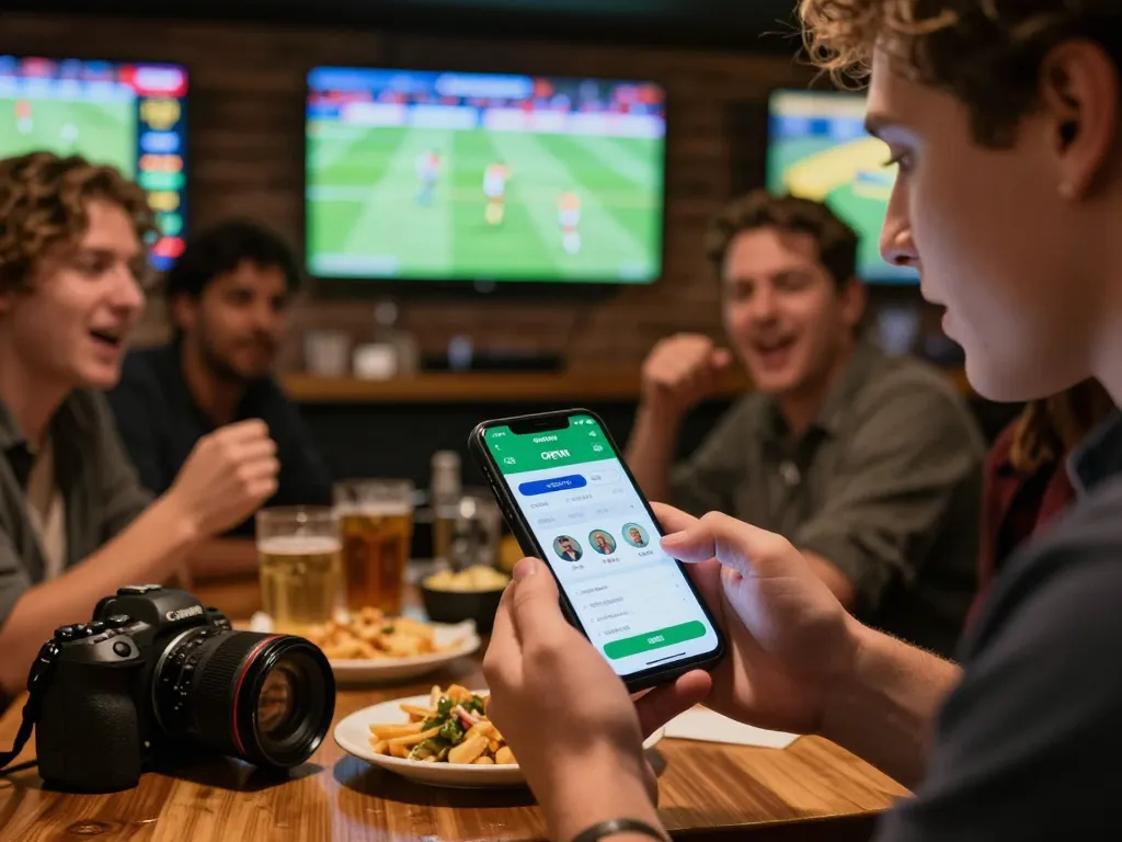 Person engaging with sports betting on OKFUN app in an exciting sports bar environment.