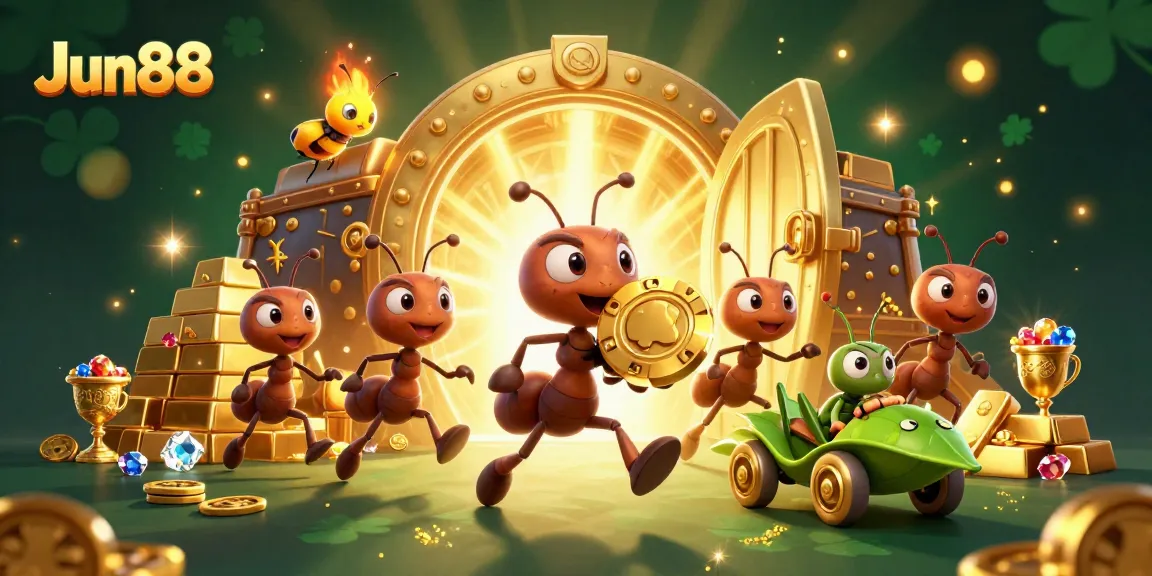 Experience thrilling action as Jun88's team of ants heist golden poker chips in an exciting casino world.
