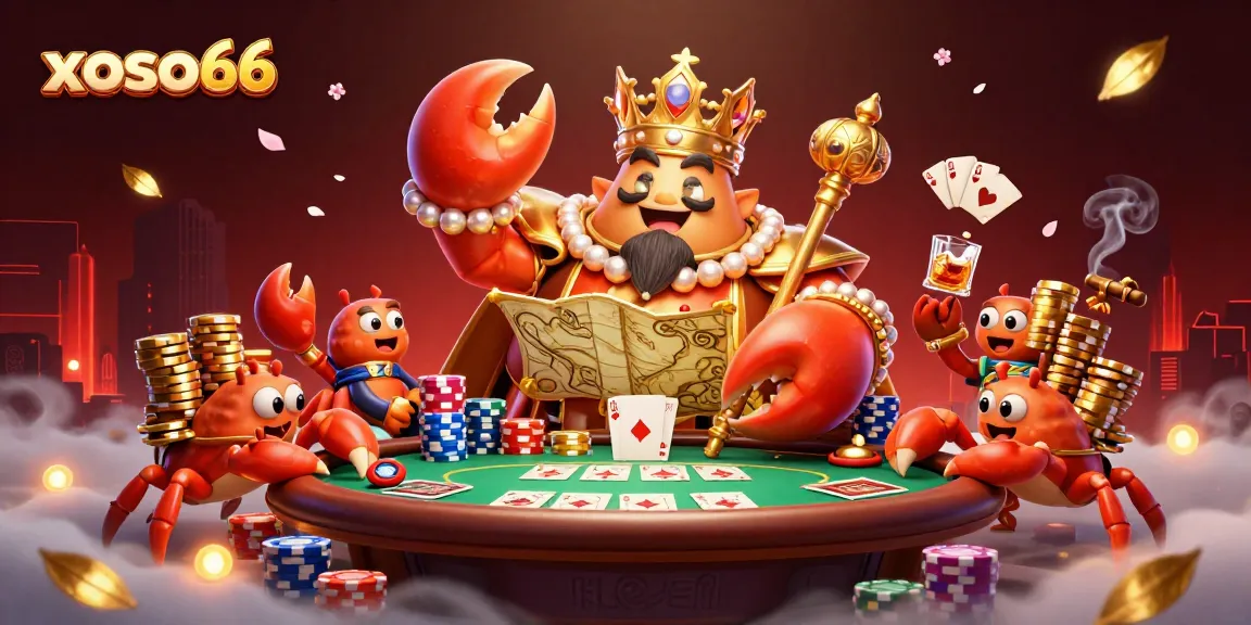 Join the excitement at xoso66 with our vibrant 3D scene featuring a golden crab emperor and high-stakes poker elements.