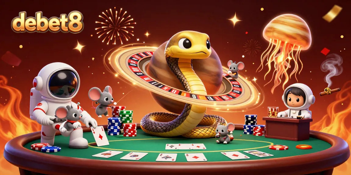 Experience gaming excitement with debet8 as astronauts bet on Saturn's roulette rings in a vibrant 3D scene.