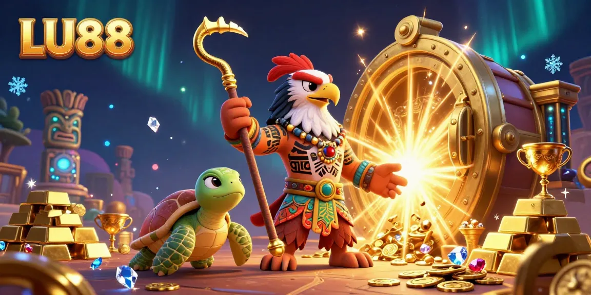 Engage in exciting gameplay at LU88 with vibrant casino-themed artwork showcasing golden treasures and lively elements.