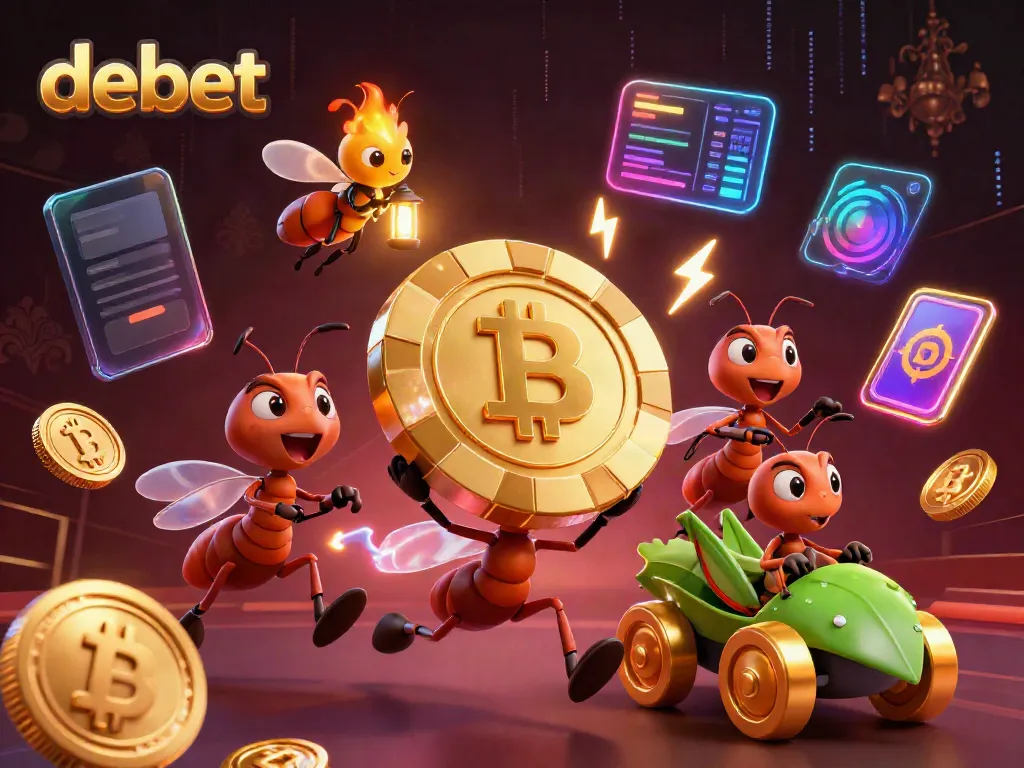 Experience the thrill of debet gaming featuring a team of cartoon ants carrying a golden poker chip in a vibrant heist scene.
