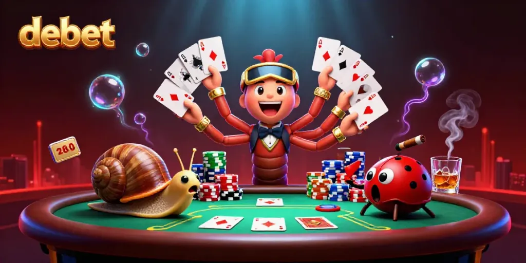 Engaging players at debet's poker table featuring whimsical characters and vibrant casino elements.