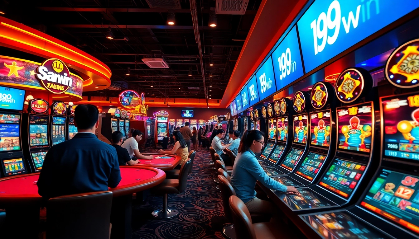 Experience the excitement at 98win casino with vibrant gaming stations and players enjoying thrilling games.