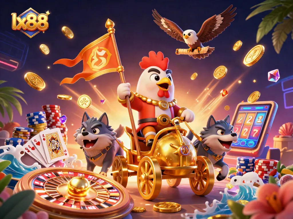 Engage with the lx88 casino experience, featuring a vibrant rooster warlord and golden treasures.