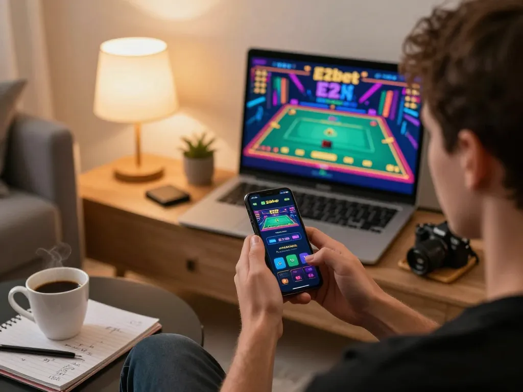 E2bet user engaging with live dealer game on smartphone, showcasing vibrant online gaming experience.