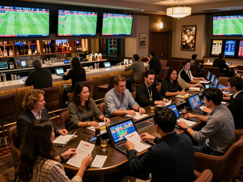 Kết quả bóng đá displayed on multiple screens in an upscale sports betting lounge with guests engaging.