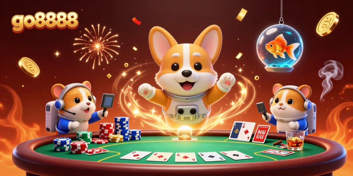 Join the excitement at go8888; a 3D scene with floating poker chips and a corgi astronaut in a casino.