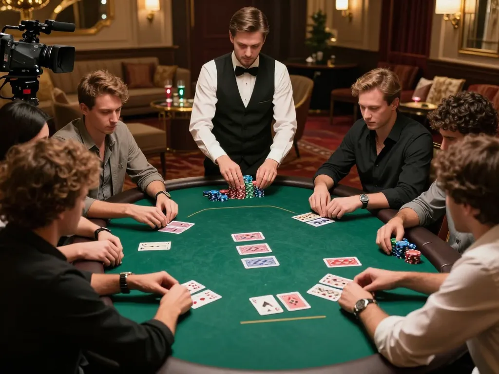 Exciting high-stakes poker game at 79king casino, luxurious VIP room with engaged players