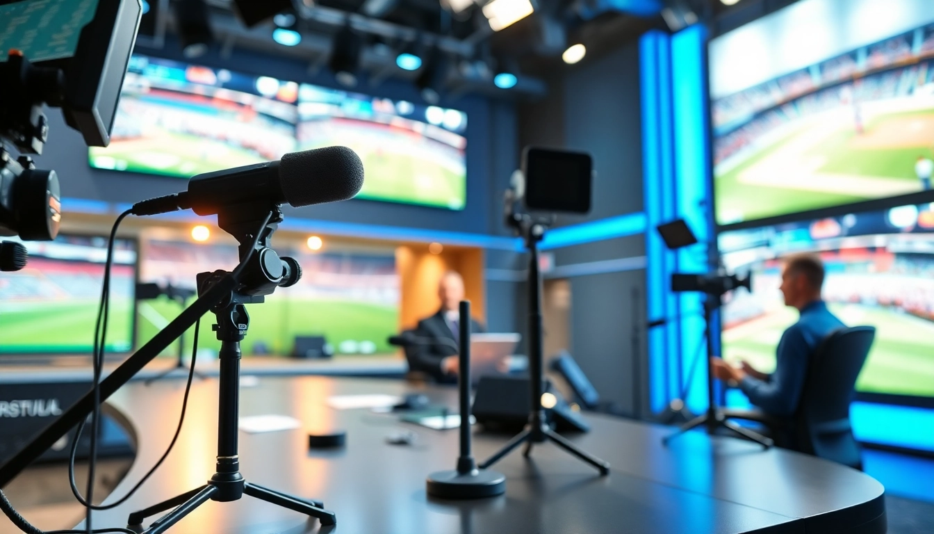 Engaging scene of sports broadcasting setup with vibrant screens and professional equipment.