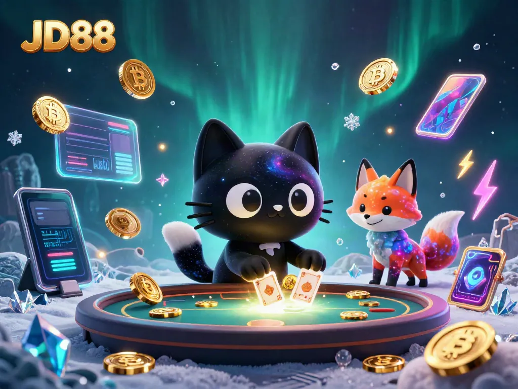 JD88 offers a vibrant cosmic casino experience featuring a captivating black hole cat and colorful nebula fox.