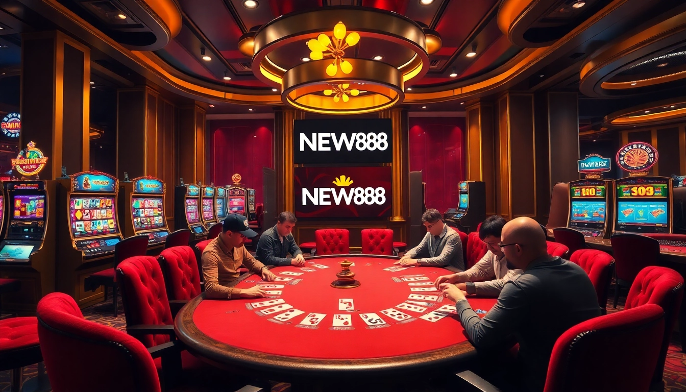 New88 players enjoying a thrilling poker game in a luxurious casino setting