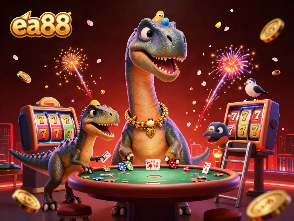 ea88 showcases thrilling casino action with a giant brontosaurus dealing cards while surrounded by vibrant slot elements.