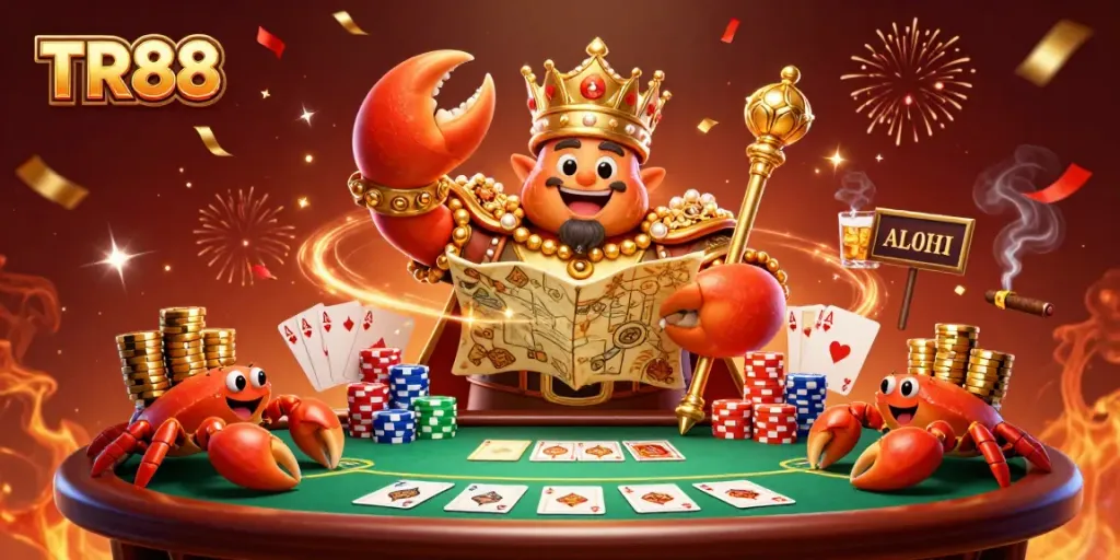 Experience the excitement of TR88 with a cartoon golden crab emperor surrounded by casino elements.