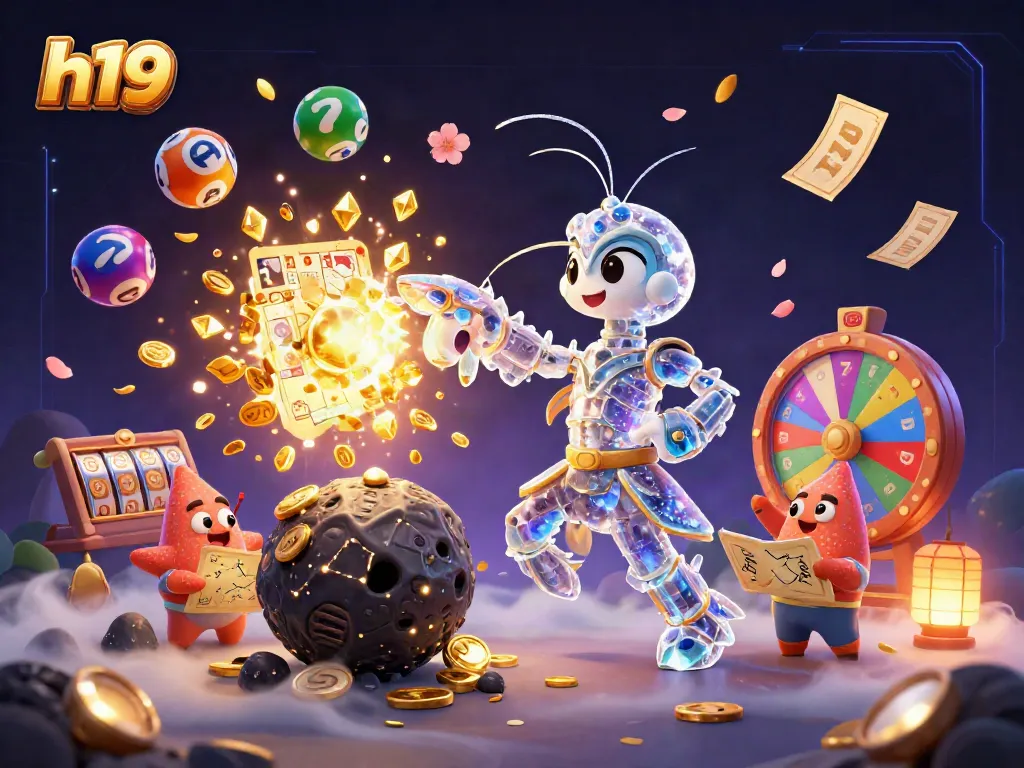 Engage in exciting gambling at h19, featuring vibrant casino elements like slot reels and golden gems.