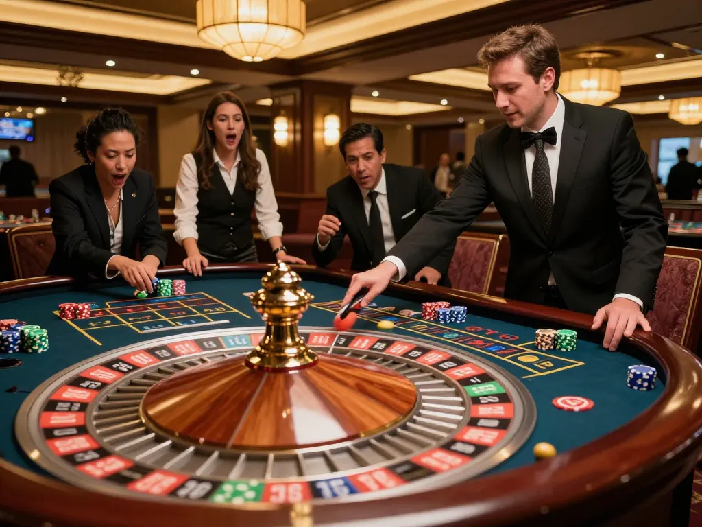 Players enjoying roulette table gameplay as SC88's thrilling bets unfold in an elegant casino.