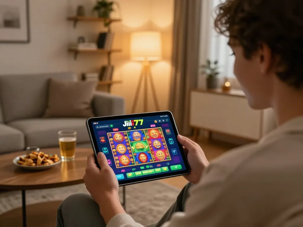 Play exciting games on Jili777 app while relaxing at home with snacks and tablet.
