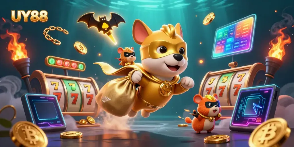 Experience the excitement of UY88 with the heroic dog and hamster amidst rich casino elements.