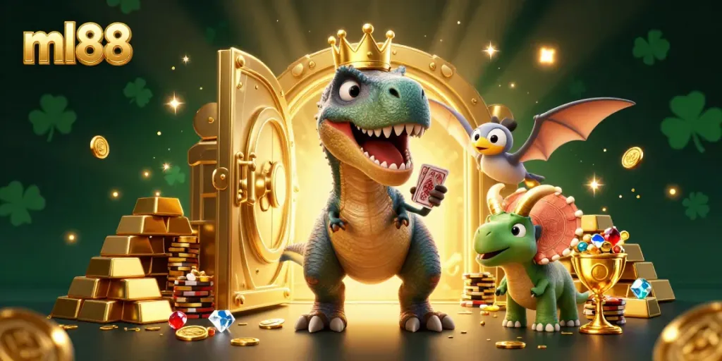 Engage with ml88's vibrant casino scene featuring a T-Rex and vibrant gaming elements.