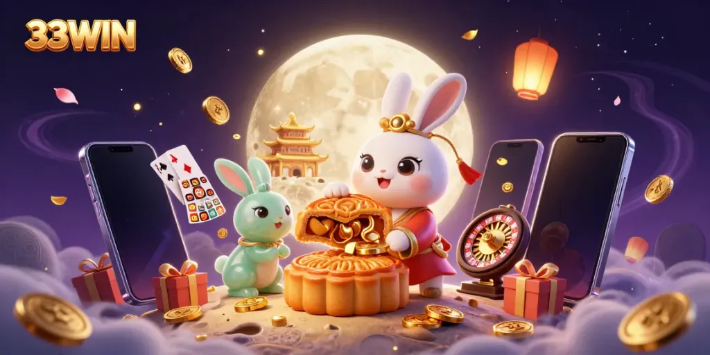 Trải nghiệm hấp dẫn tại 33WIN với hình ảnh thỏ trăng trên mặt trăng và chip poker.