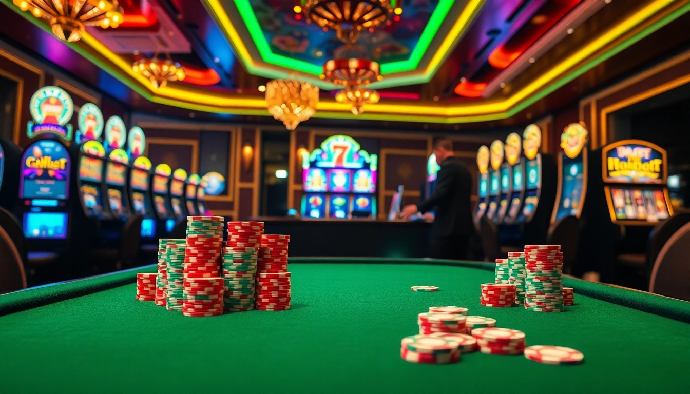 Exciting casino scene showcasing shbet poker chips and vibrant slot machines in a luxurious setting.