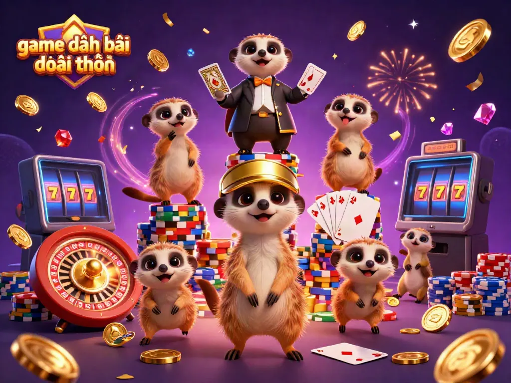 Experience the excitement of game đánh bài đổi thưởng with meerkats managing a bustling casino environment.