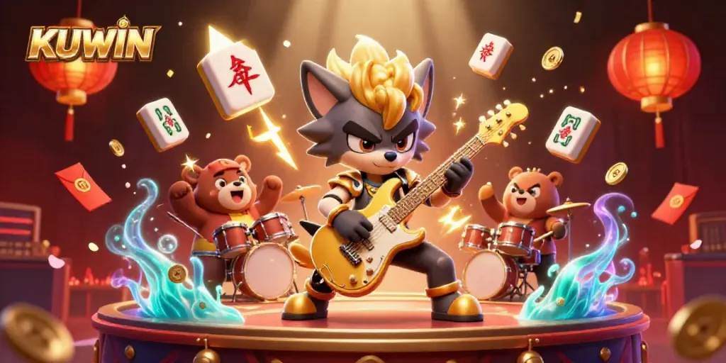 Experience thrilling entertainment at KUWIN with a dynamic rock star wolf in a vibrant casino setting.