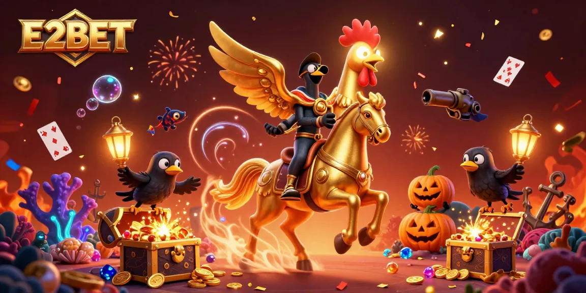 Experience the thrill of E2BET with a golden rooster in a vibrant casino scene.