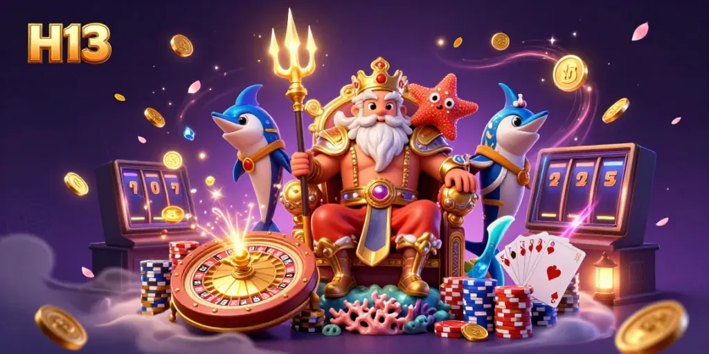 Experience thrilling moments at H13 with Neptune and samurai surrounded by casino elements.
