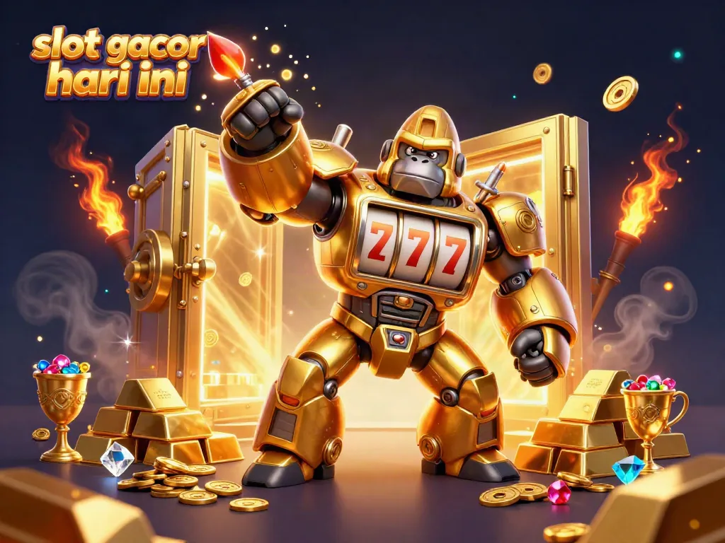 Engage with slot gacor hari ini as a golden gorilla mech bursts coins from its rocket fist, embodying jackpot excitement.
